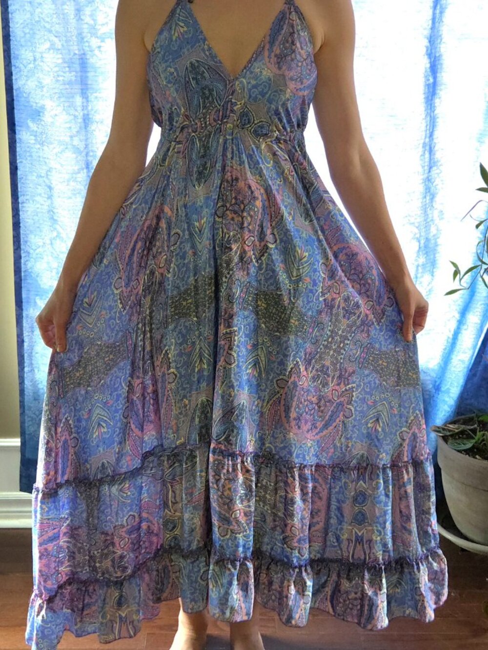 Bohemian backless blue paisley summer dress